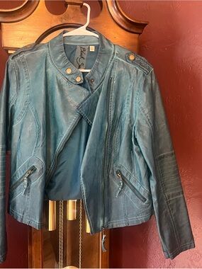Black Swan Teal Blue Faux Leather Moto Jacket